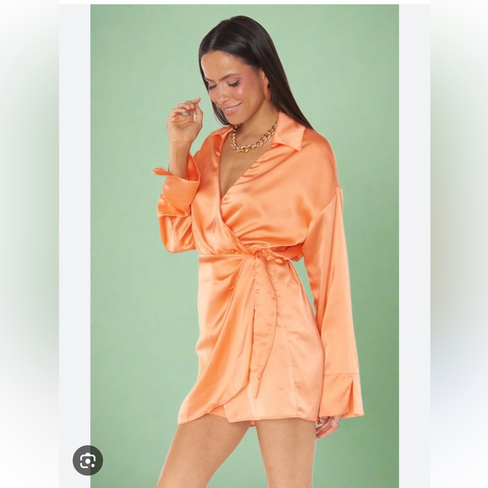 Clara Satin collared mini wrap dress in cantaloupe